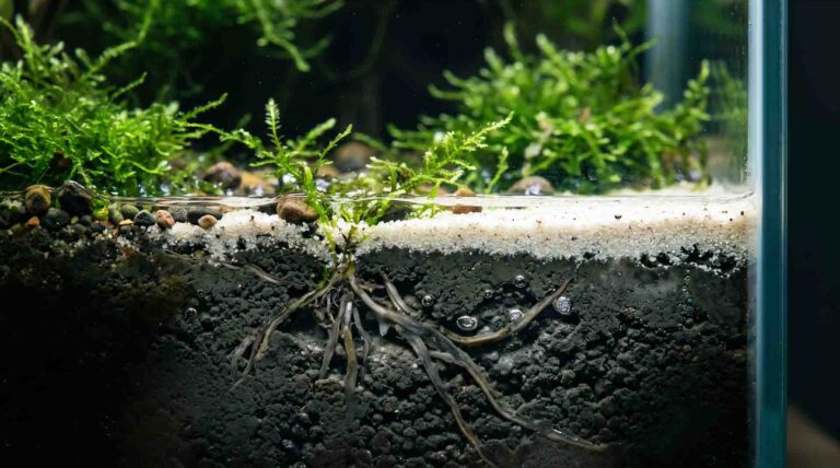 Cross-section of a self-sustaining aquarium showing dark compacted anaerobic soil, rotting plant roots, and trapped toxic gas pockets. (self-sustaining aquarium mistakes)