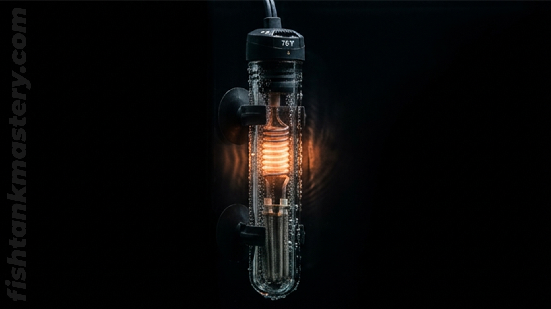Submerged aquarium heater glowing red in a low-flow dead zone causing localized thermal layering and oxygen depletion