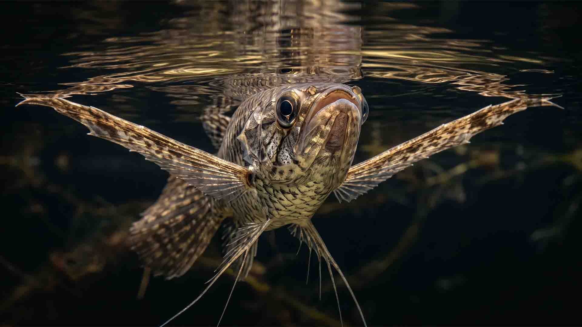 10 Little-Known Aquarium Fish That Thrive Alone (Stop Forcing Schools) African Butterfly Fish viewed from the front showing broad pectoral fins at the aquarium surface