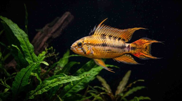 Solitary centerpiece aquarium fish swimming peacefully in a planted freshwater tank without schooling stress. 10 aquarium fish that thrive alone