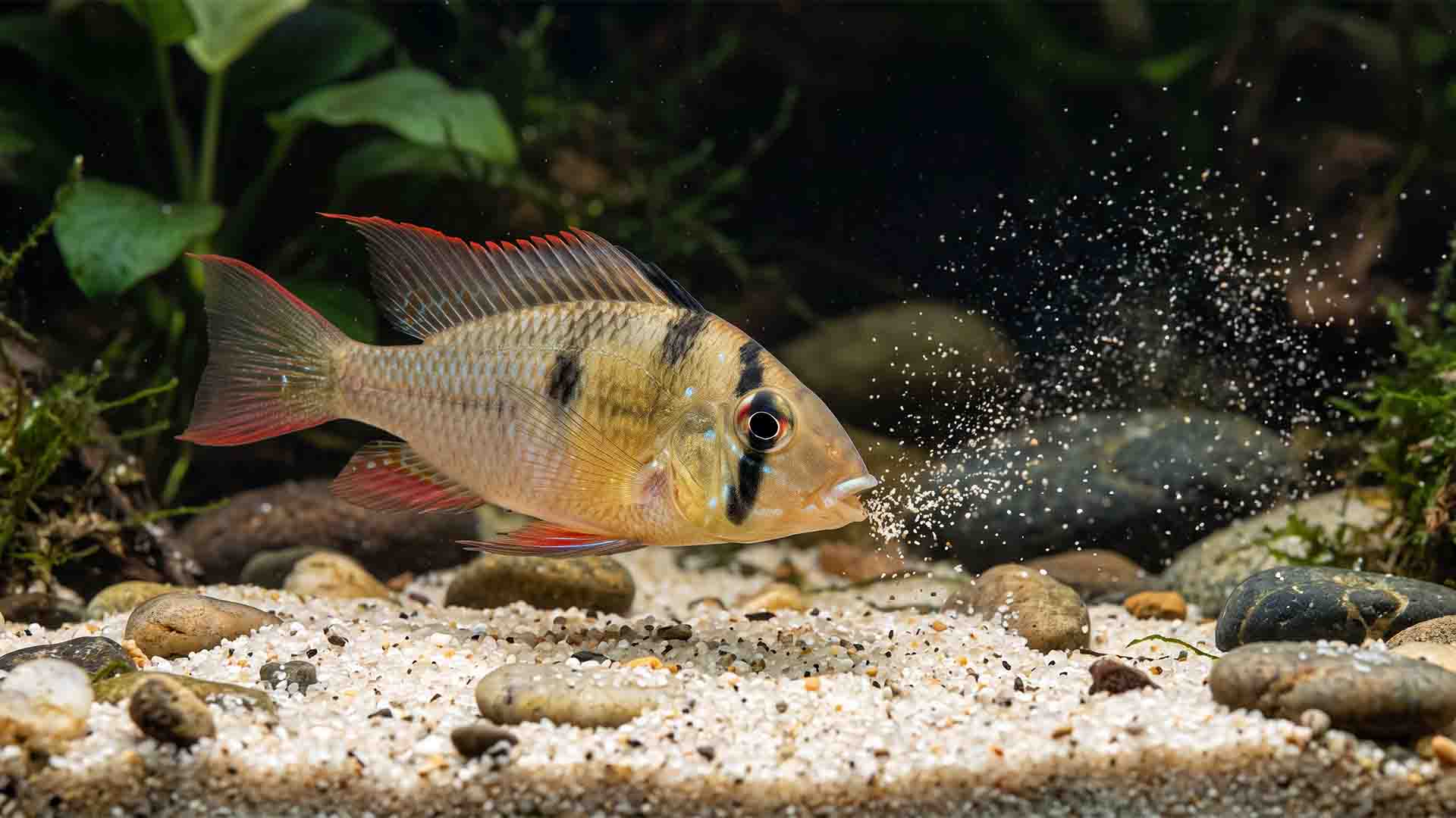 10 Little-Known Aquarium Fish That Thrive Alone (Stop Forcing Schools) Bolivian Ram cichlid sifting natural fine sand substrate in a planted community aquarium