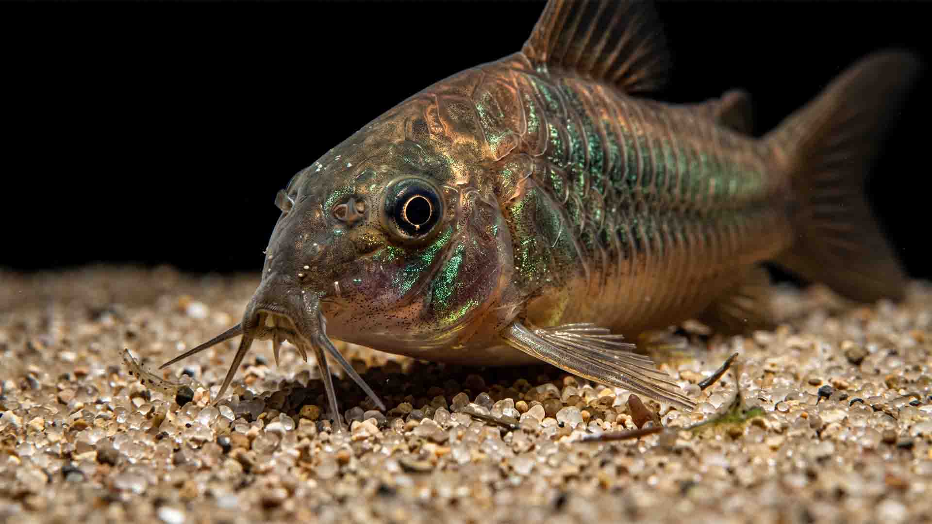 Bronze Corydoras catfish foraging on smooth silica sand substrate showing intact sensory barbels