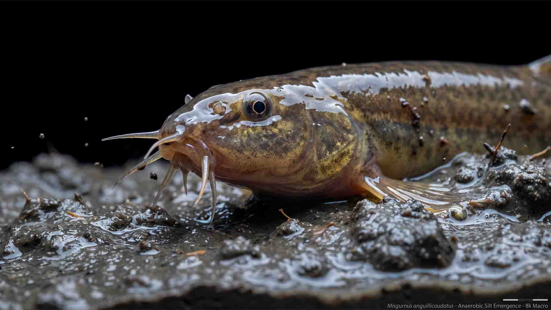 Dojo loach Misgurnus anguillicaudatus burrowed in cold river mud demonstrating enteric gut respiration