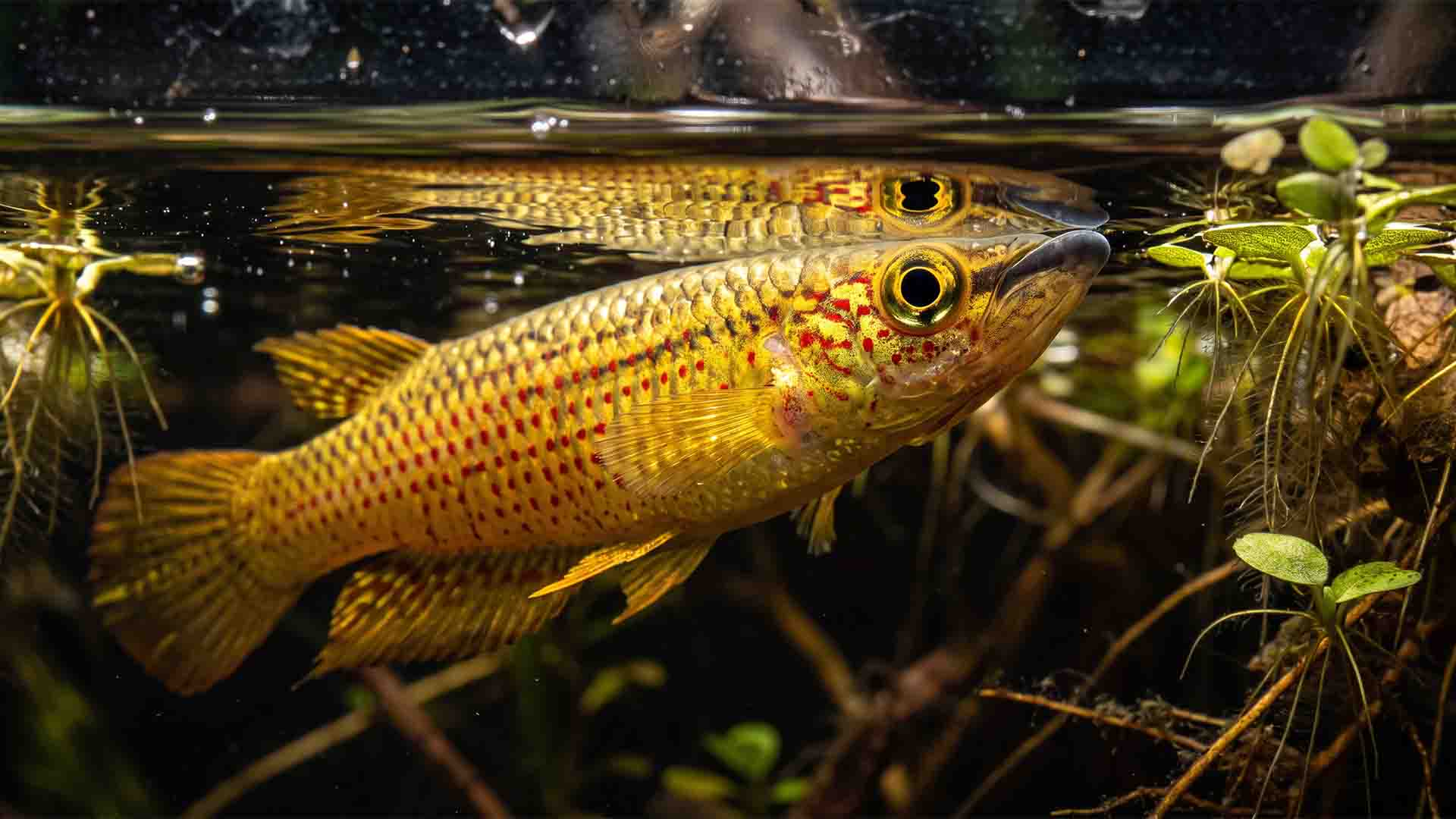 10 Little-Known Aquarium Fish That Thrive Alone (Stop Forcing Schools) Golden Wonder Killifish hunting at the aquarium surface displaying broad predatory mouth geometry