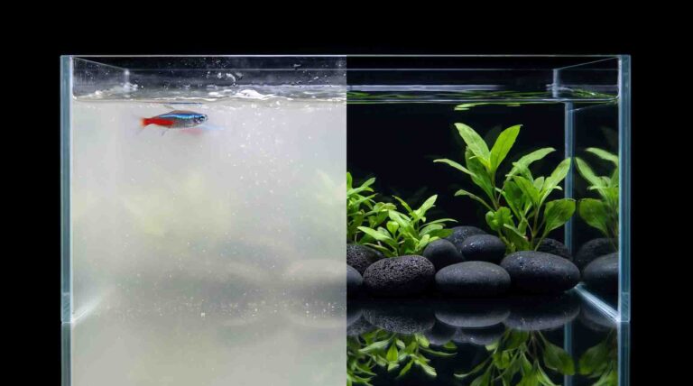 Split comparison of milky white cloudy aquarium water caused by bacterial bloom versus crystal clear freshwater tank water.