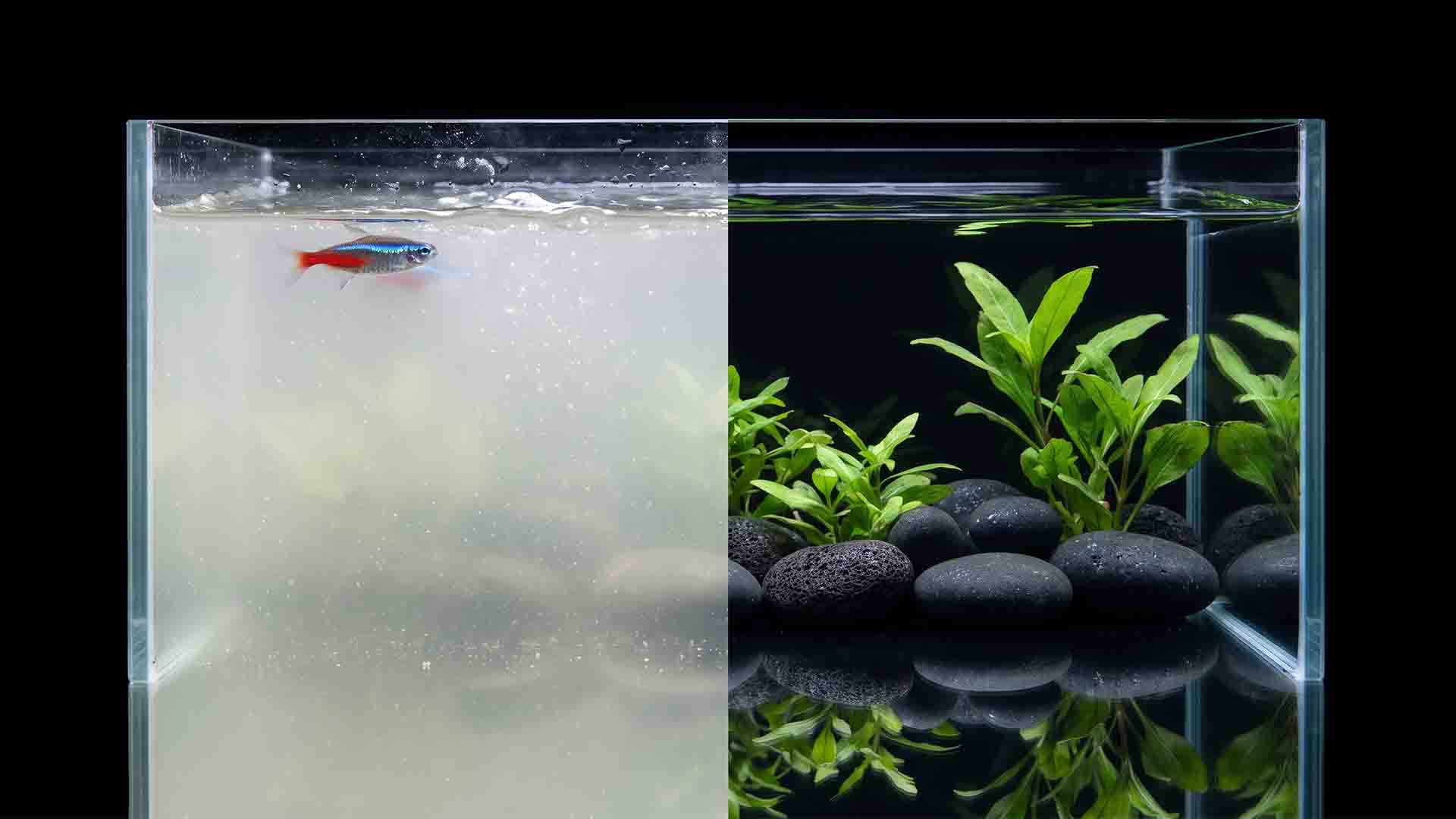 How to Clear Cloudy Aquarium Water (10-Step Fix) Split comparison of milky white cloudy aquarium water caused by bacterial bloom versus crystal clear freshwater tank water