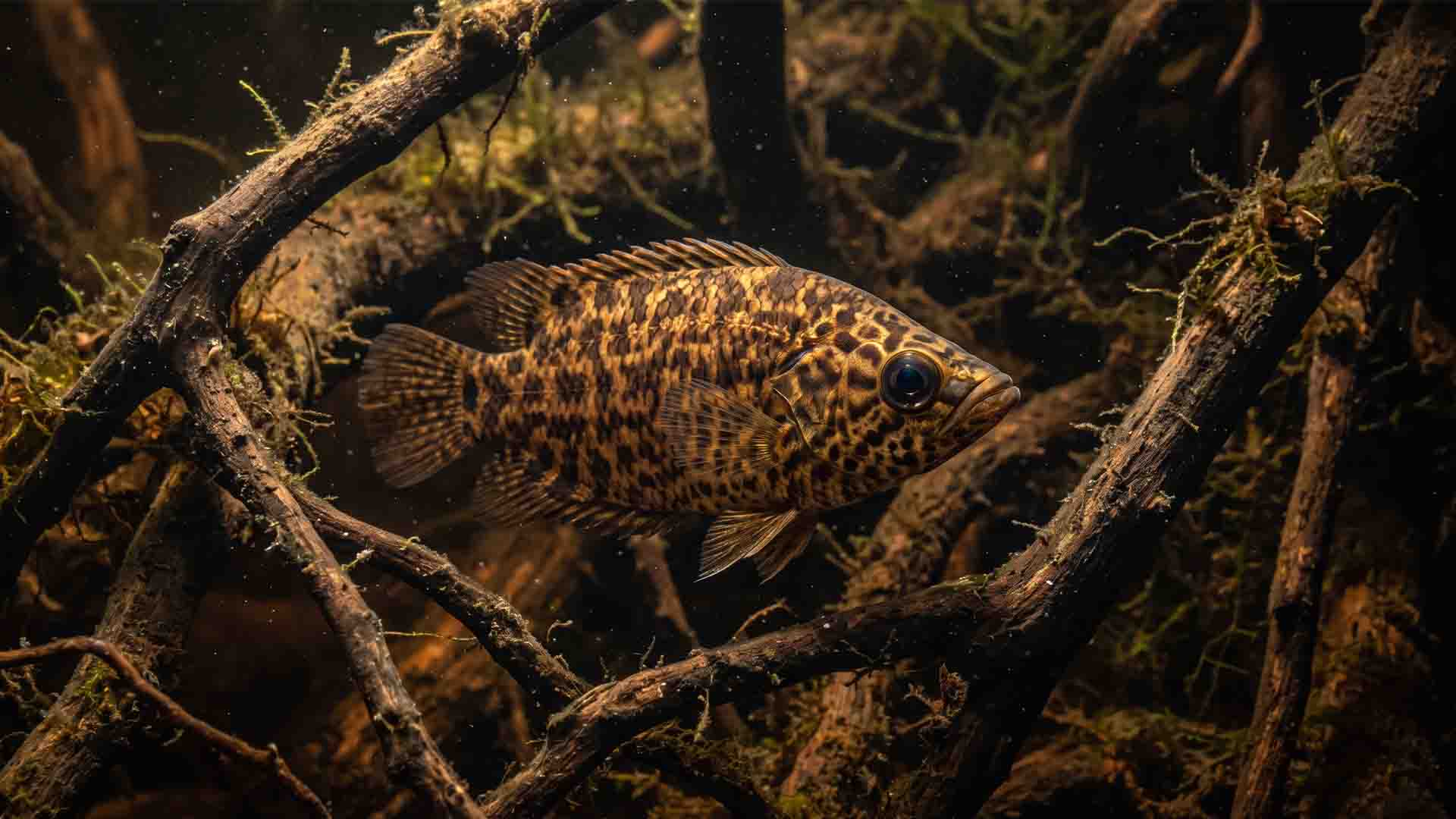 10 Little-Known Aquarium Fish That Thrive Alone (Stop Forcing Schools) Leopard Bush Fish camouflaged amongst driftwood branches in a low-light planted aquarium
