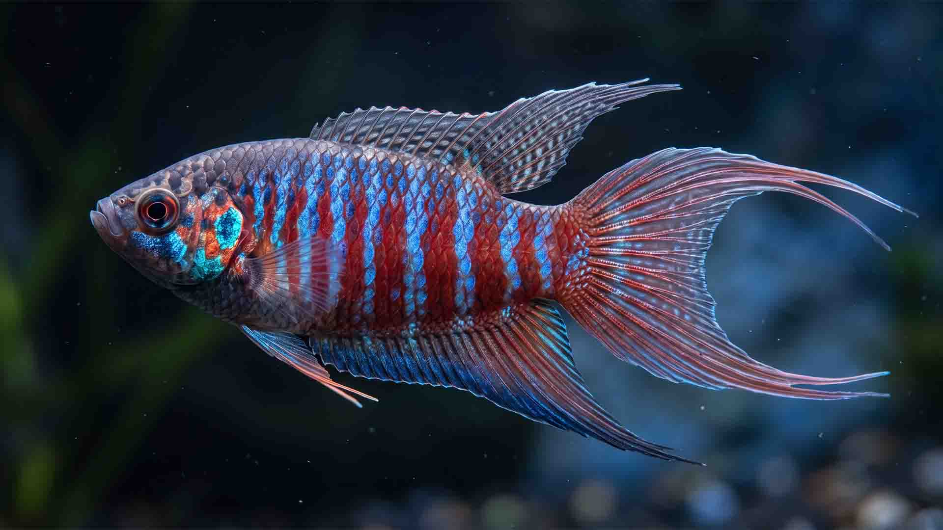 10 Little-Known Aquarium Fish That Thrive Alone (Stop Forcing Schools) Male Paradise Fish showing vibrant blue and red horizontal bars in an unheated planted tank