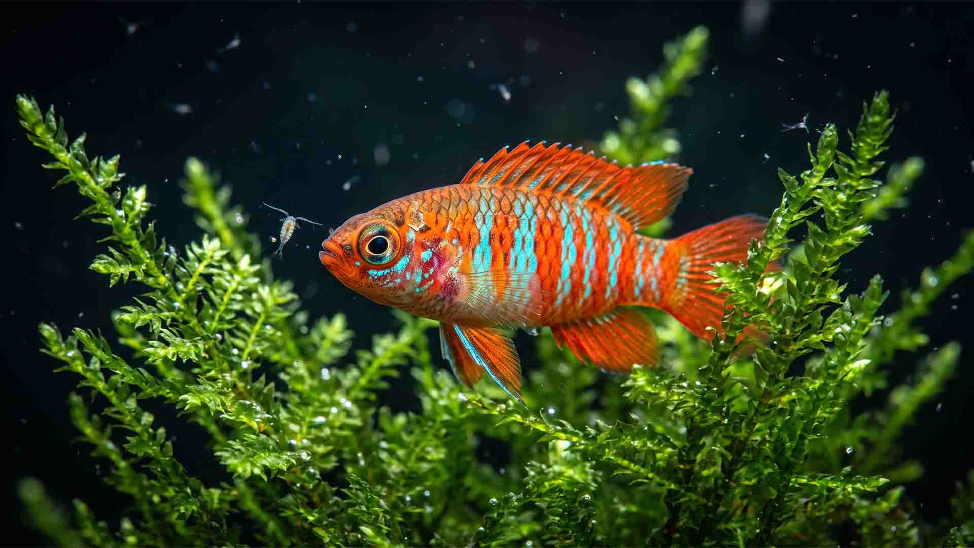 10 Little-Known Aquarium Fish That Thrive Alone (Stop Forcing Schools) Scarlet Badis Dario dario hunting microfauna in dense Christmas moss in a nano aquarium