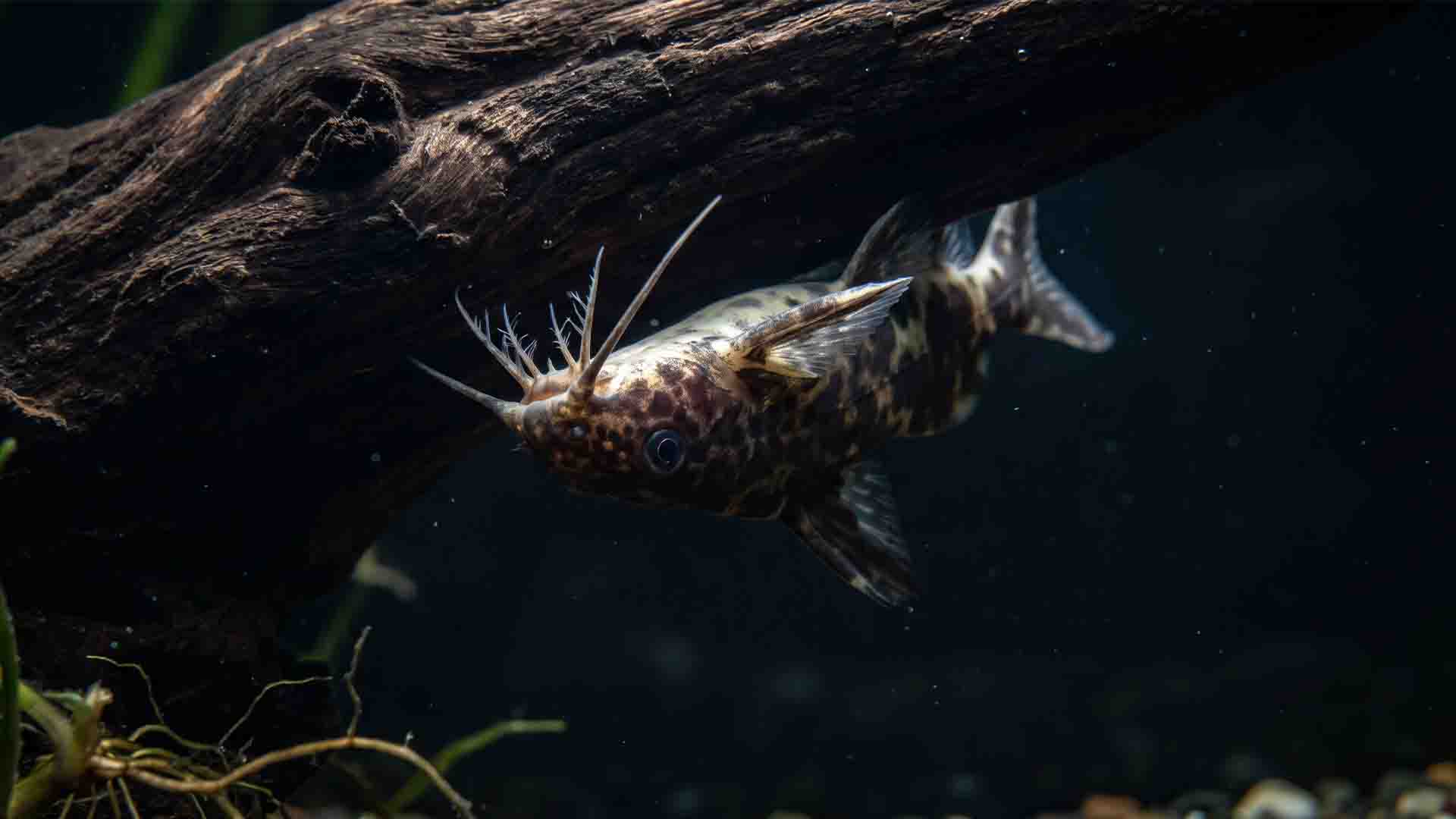 Upside-down catfish Synodontis nigriventris grazing underside of driftwood in freshwater aquarium.
